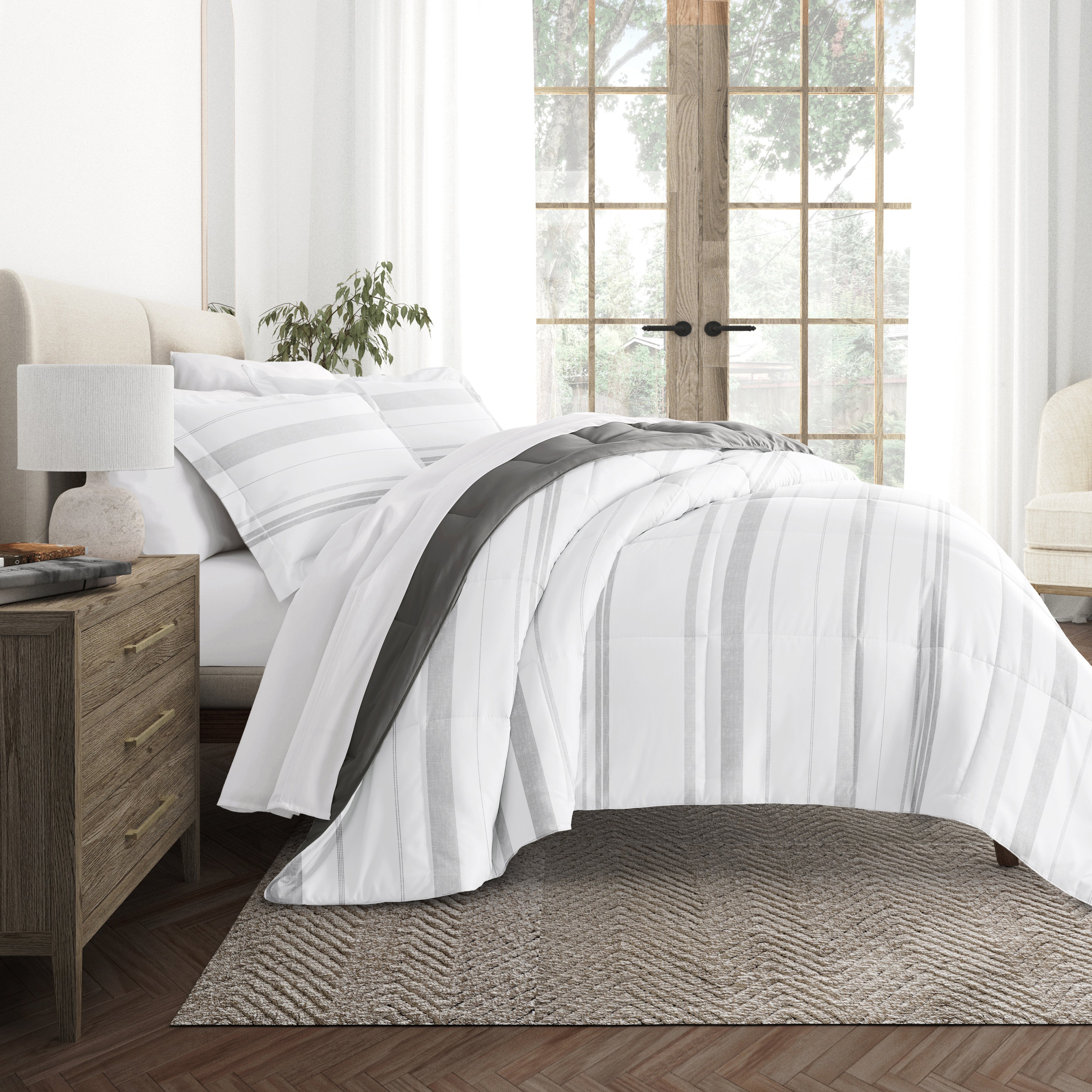 Stitched Stripe Reversible Patterned Down-Alternative Comforter Set