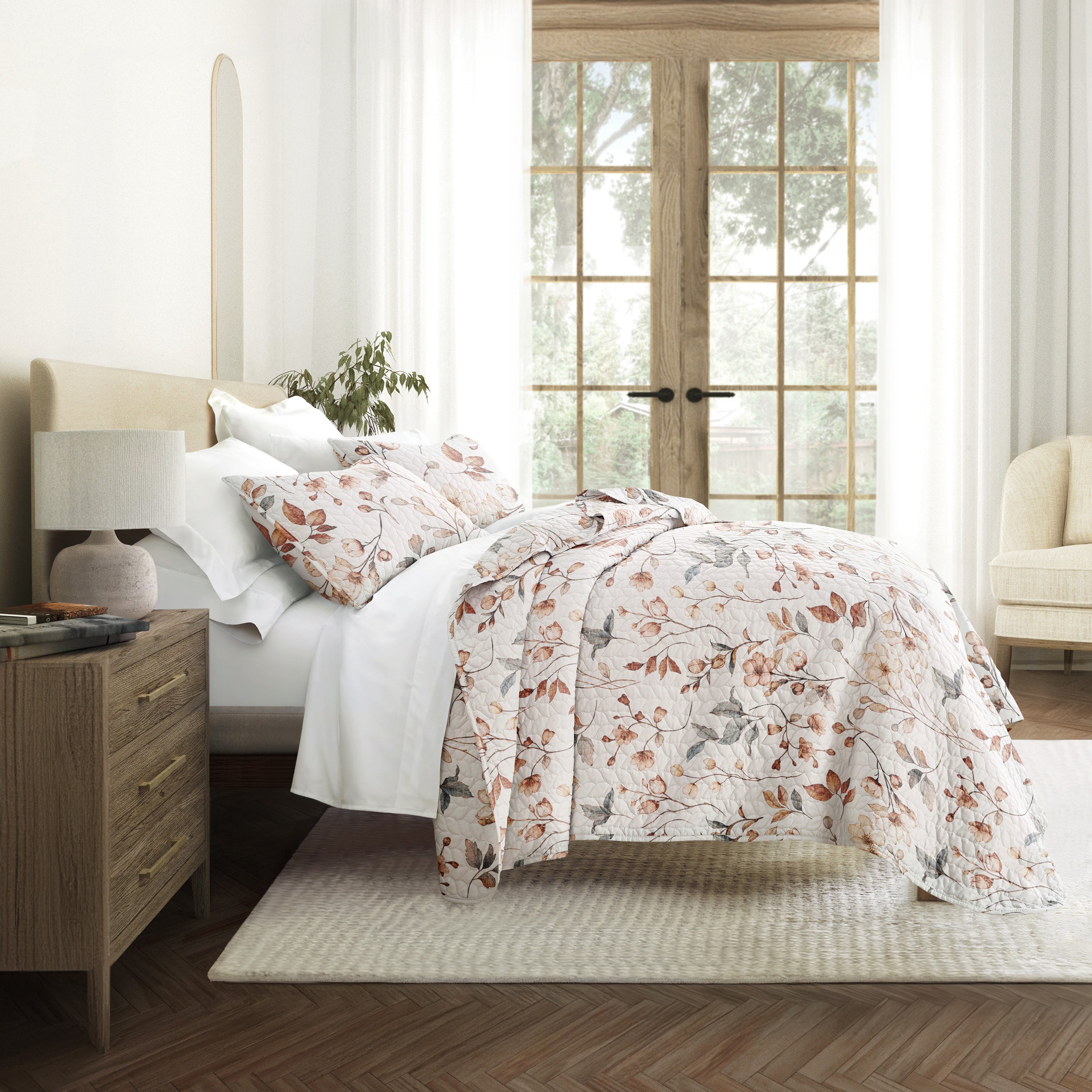 Russet Floral Patterned Quilted Coverlet Set