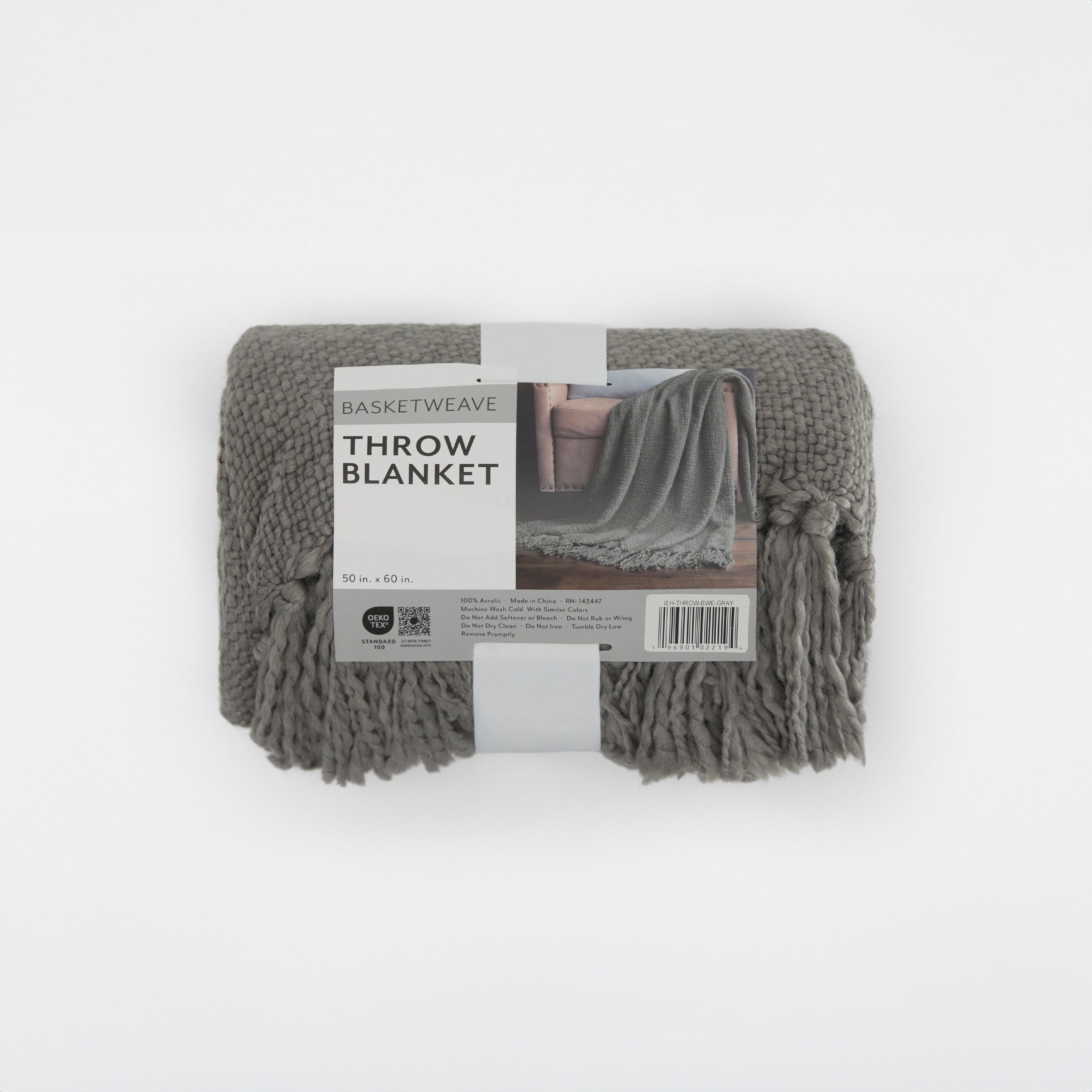 Slub-Yarn Basketweave Throw Blanket with Fringed Edges