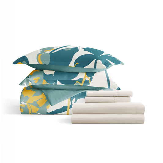 Bedding Bundle: Patterned Duvet Cover Set, White Comforter and Solid Sheet Set