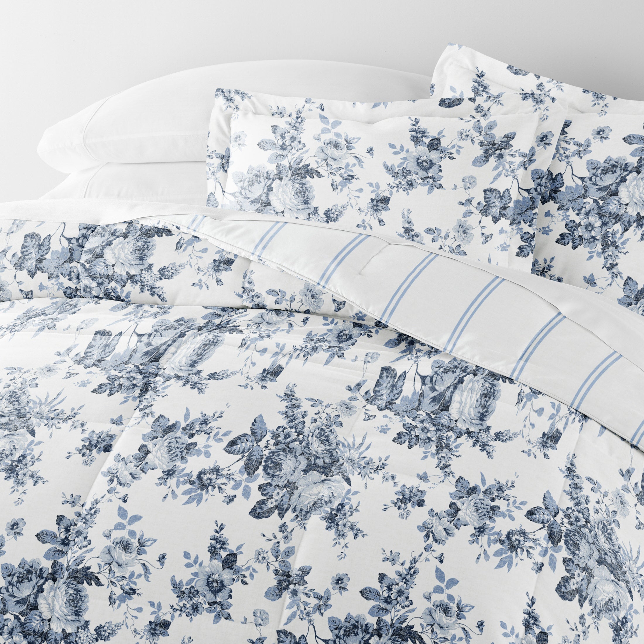 Cabbage Rose Stripe Reversible Patterned Down-Alternative Comforter Set