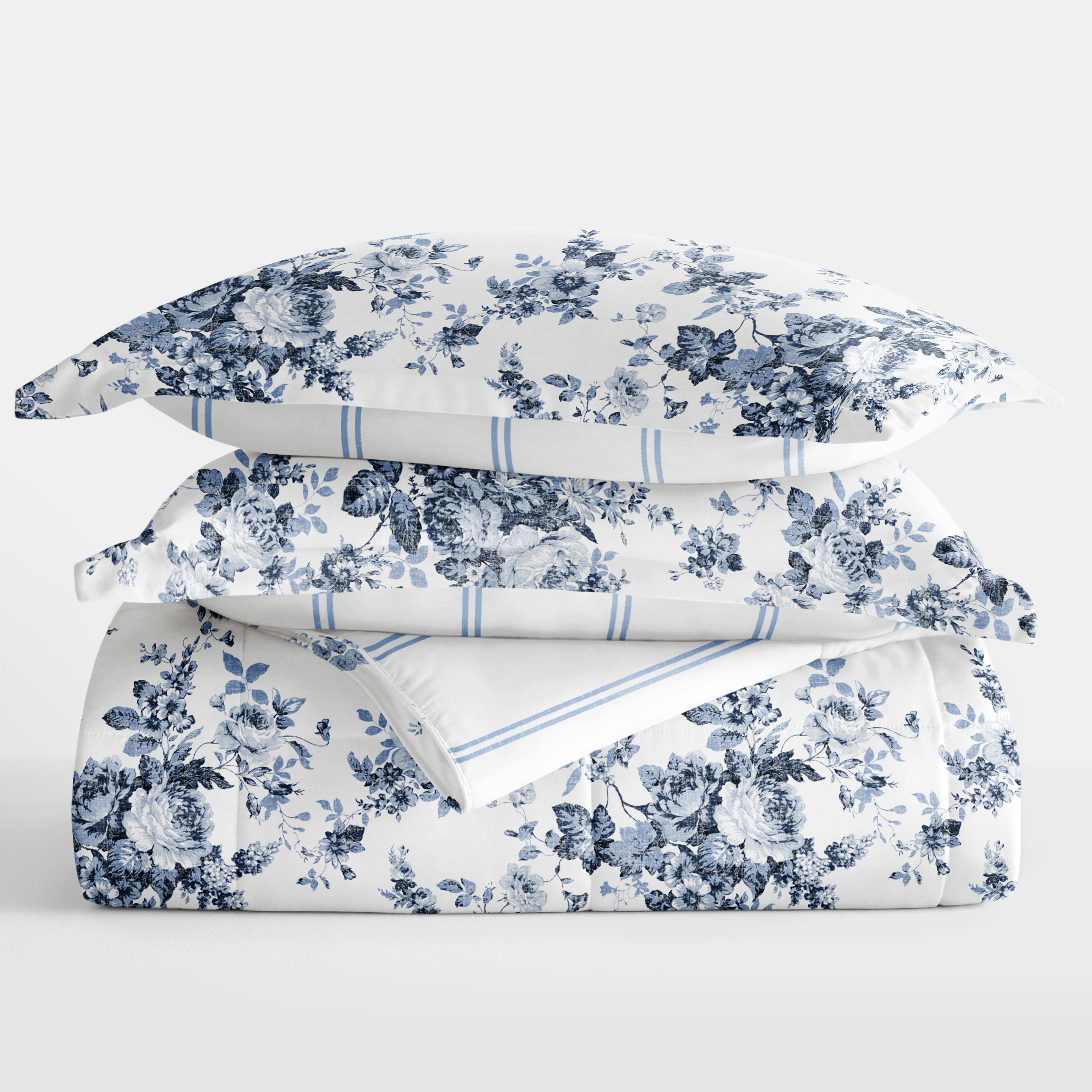 Cabbage Rose Stripe Reversible Patterned Down-Alternative Comforter Set