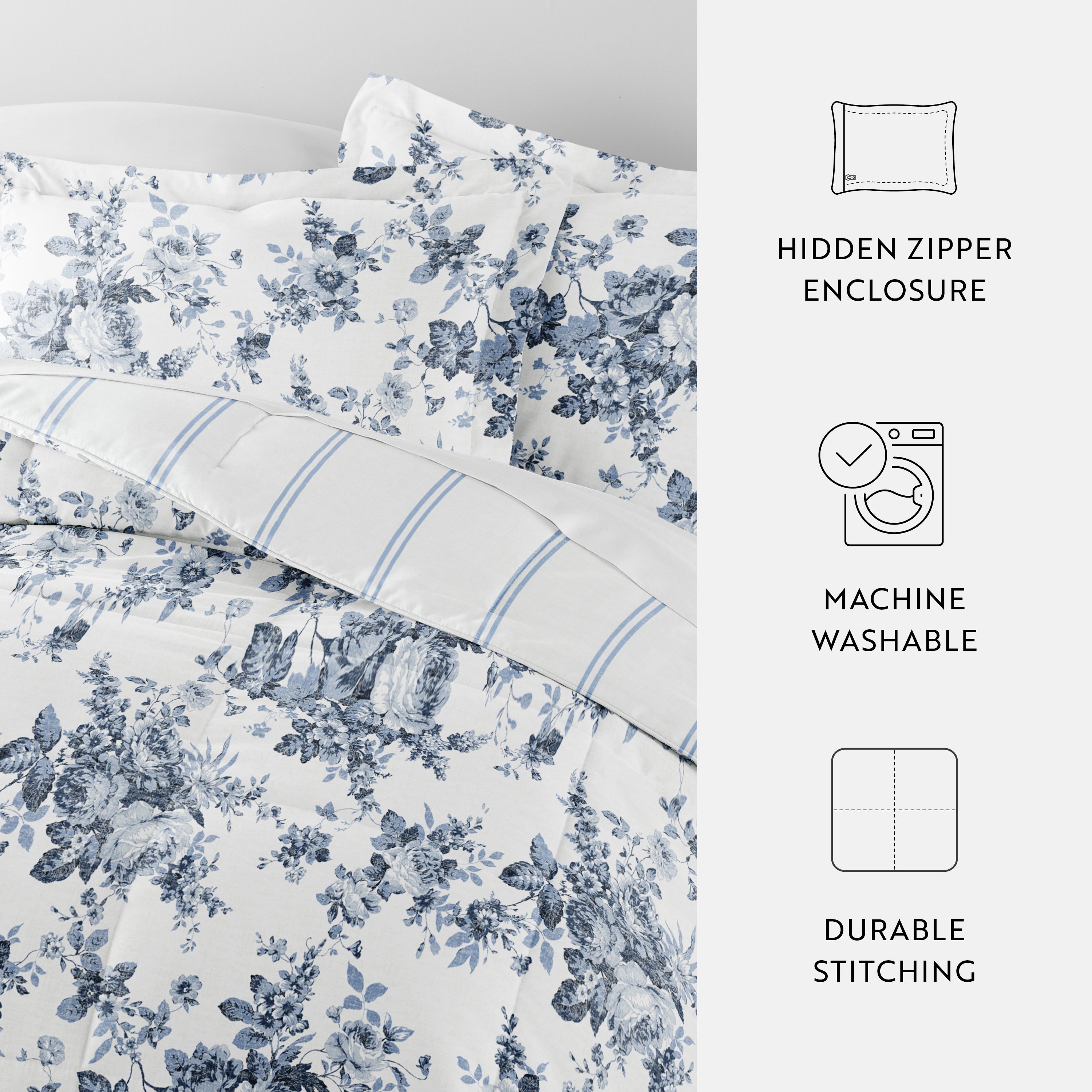 Cabbage Rose Stripe Reversible Patterned Down-Alternative Comforter Set