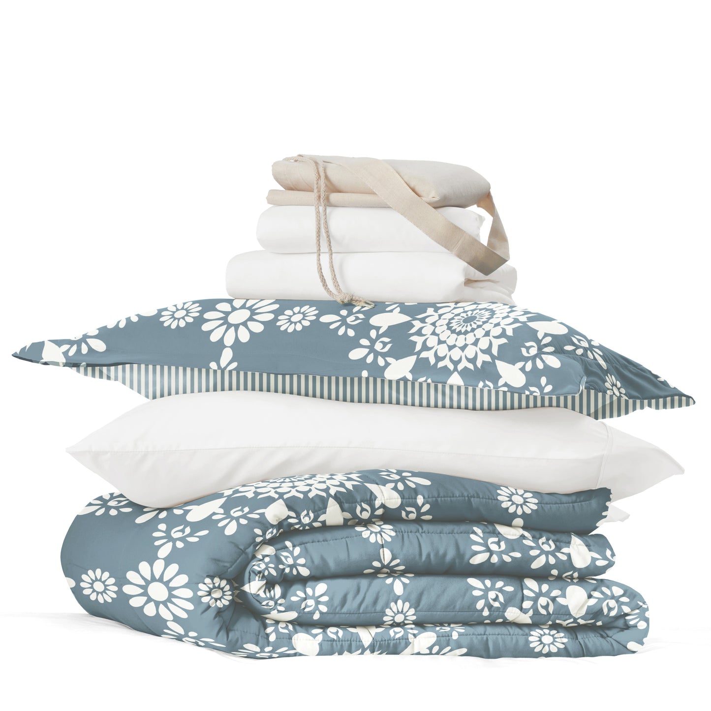 Campus Ready Dorm Twin XL Bedding Bundle: Patterned Comforter Set, Solid Sheet Set, Pillows and Laundry Bag