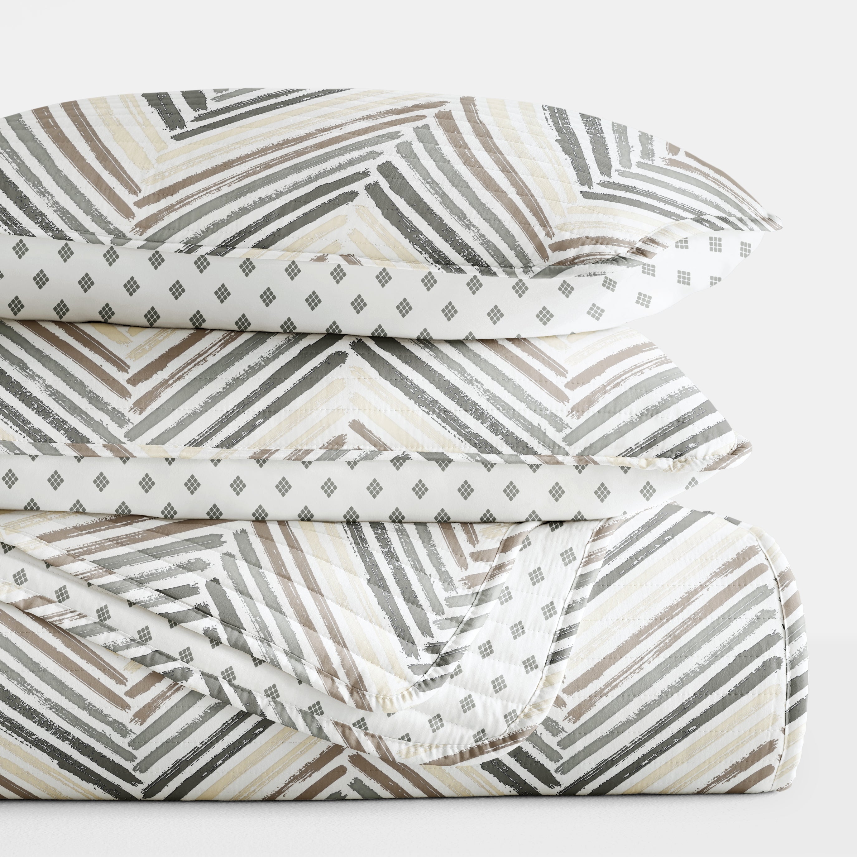 Painted Chevron Patterned Reversible Quilted Coverlet Set