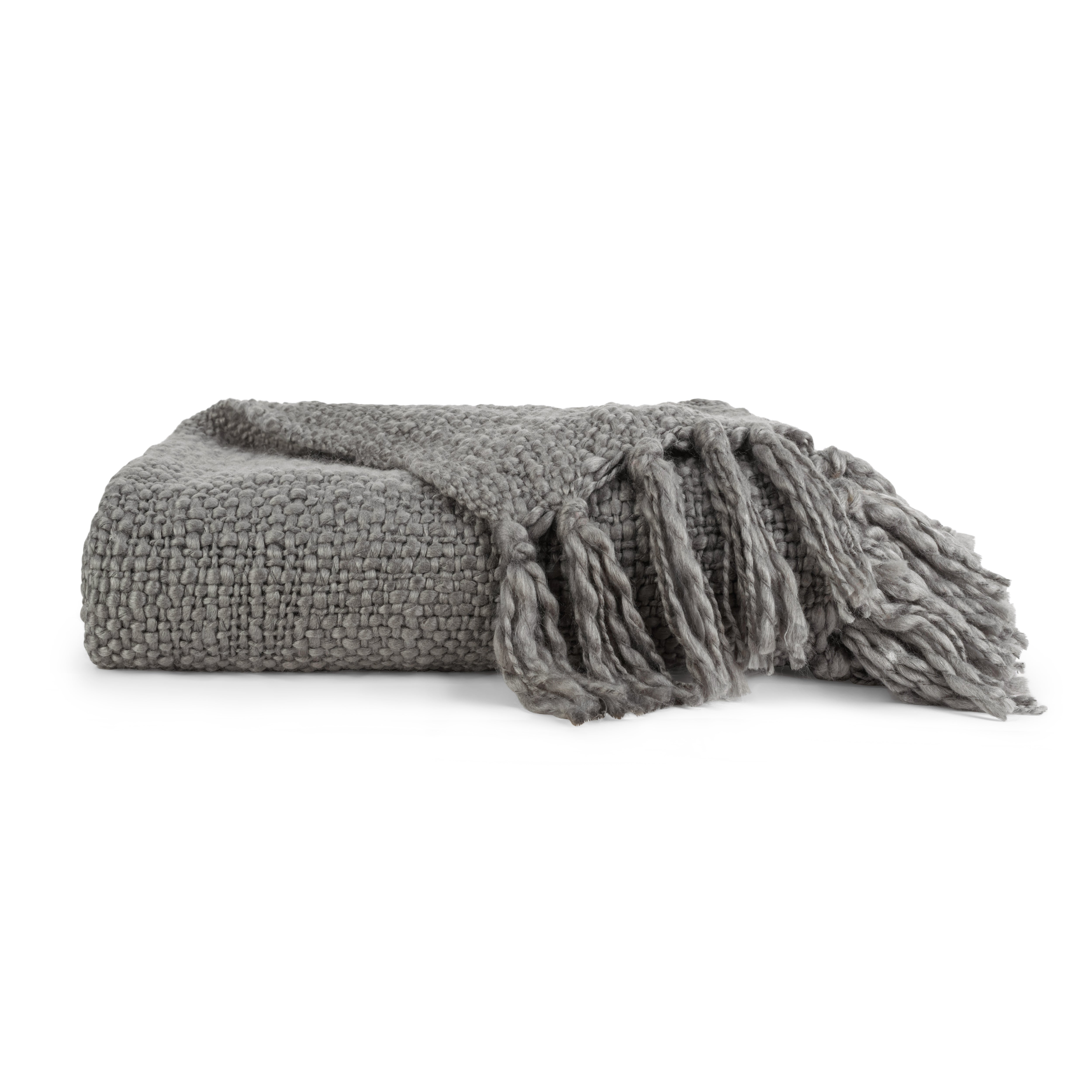 Slub-Yarn Basketweave Throw Blanket with Fringed Edges
