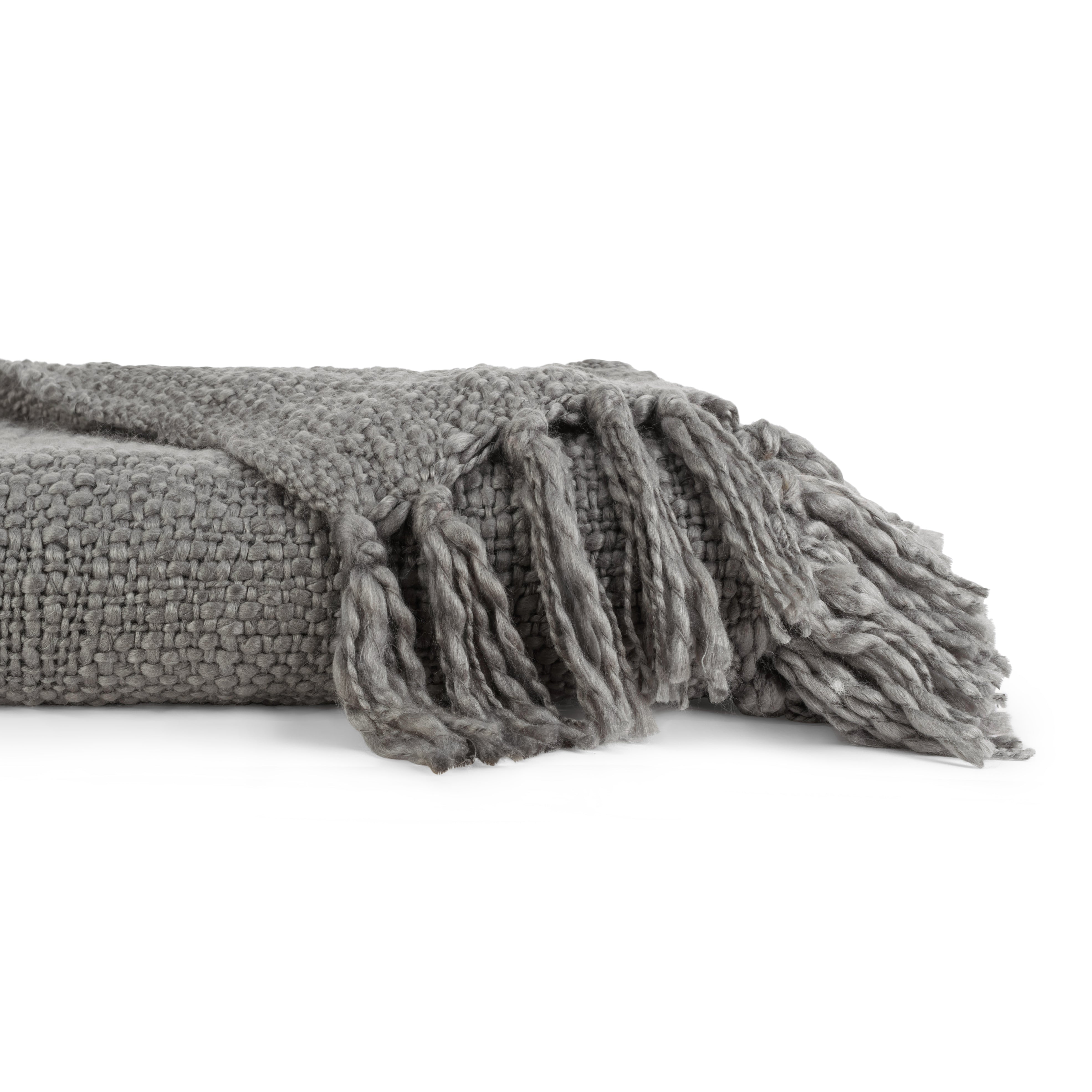 Slub-Yarn Basketweave Throw Blanket with Fringed Edges