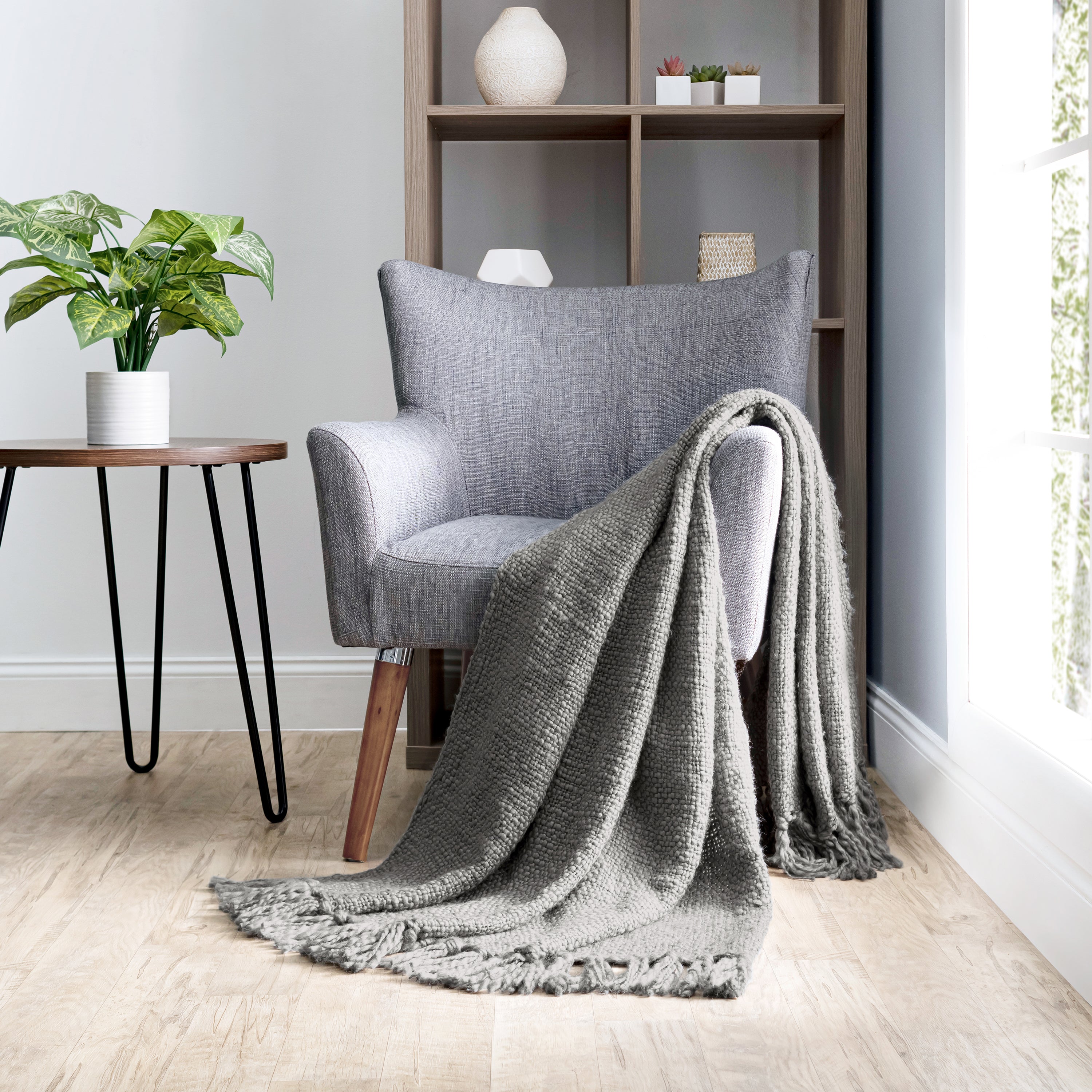 Slub-Yarn Basketweave Throw Blanket with Fringed Edges