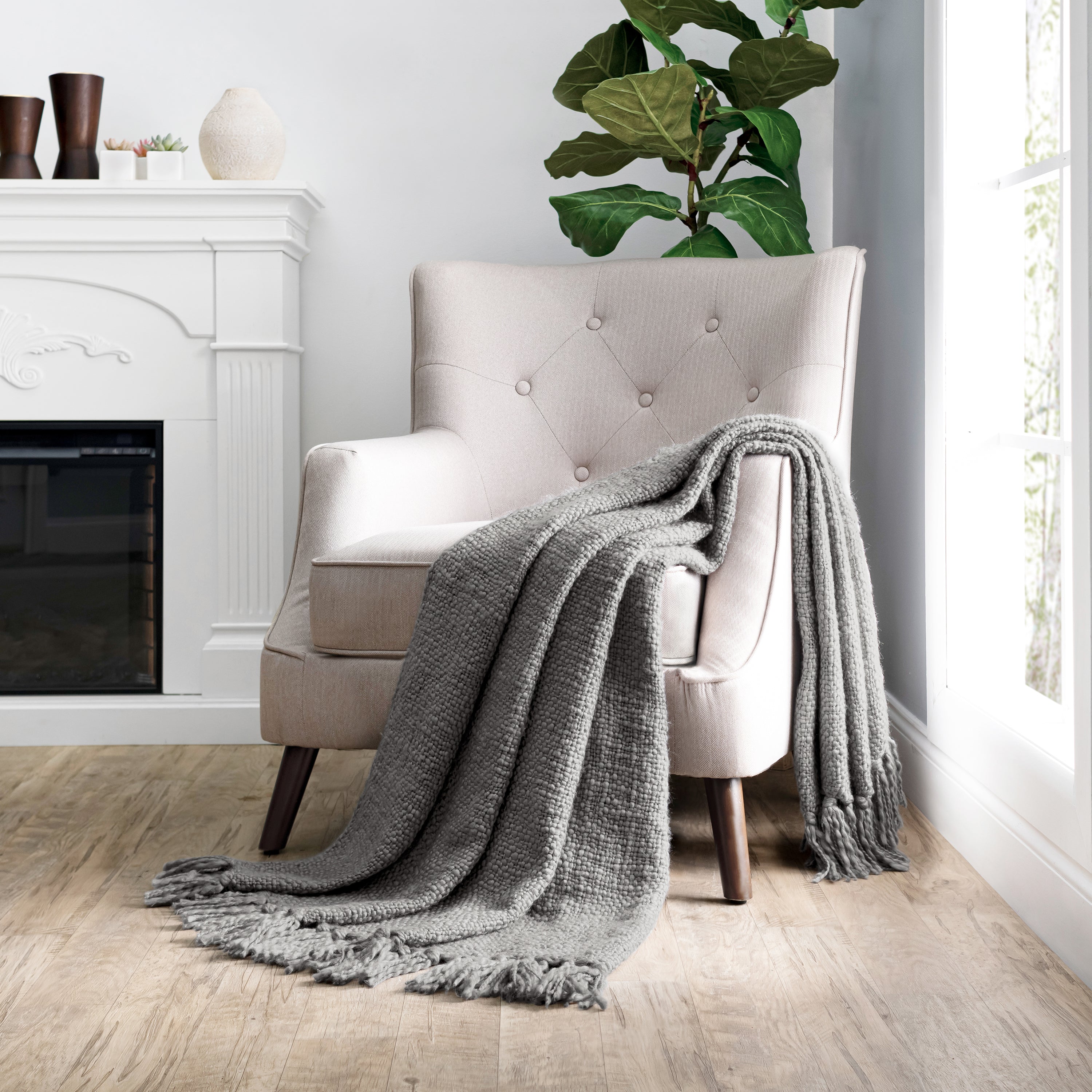 Slub-Yarn Basketweave Throw Blanket with Fringed Edges