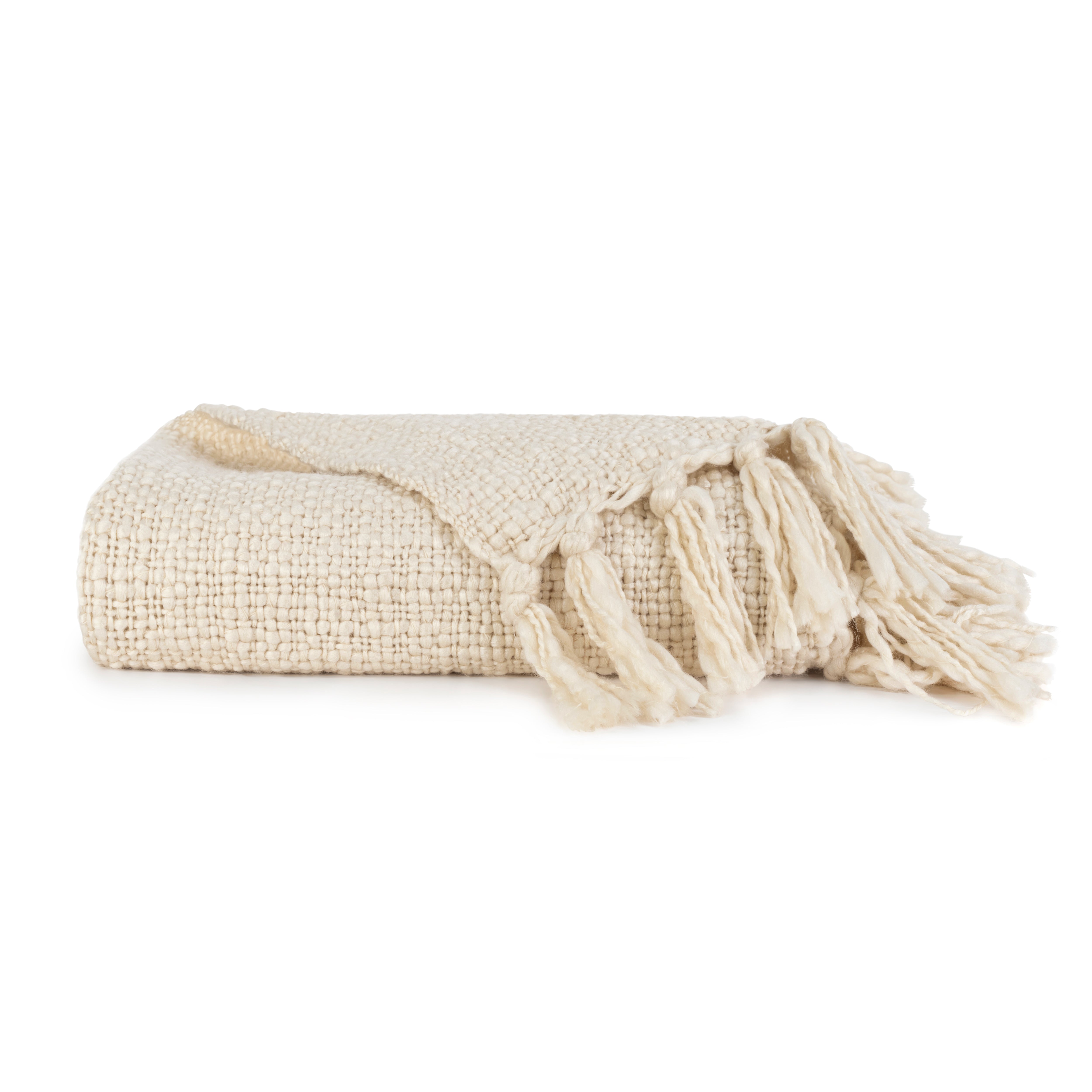 Slub-Yarn Basketweave Throw Blanket with Fringed Edges