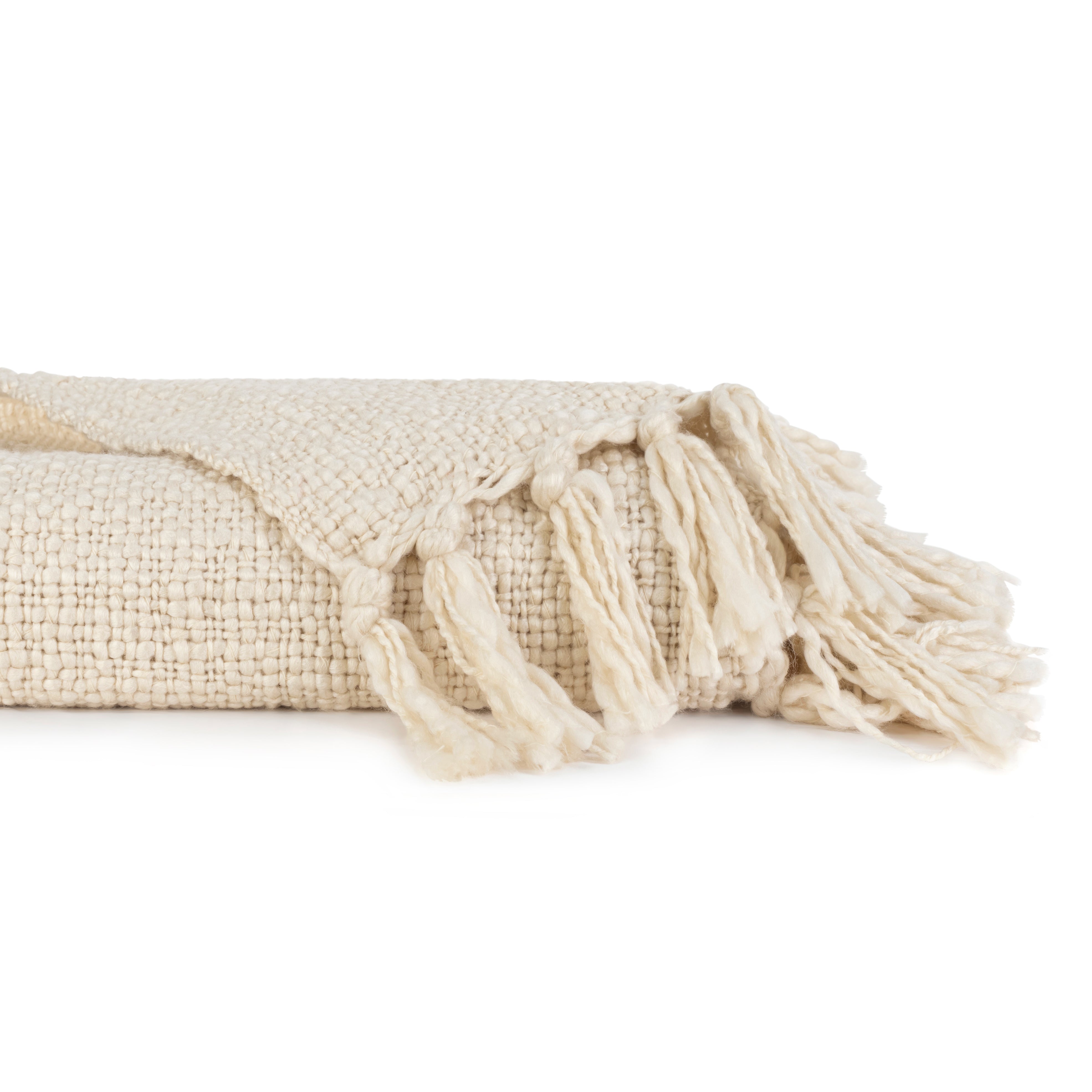 Slub-Yarn Basketweave Throw Blanket with Fringed Edges