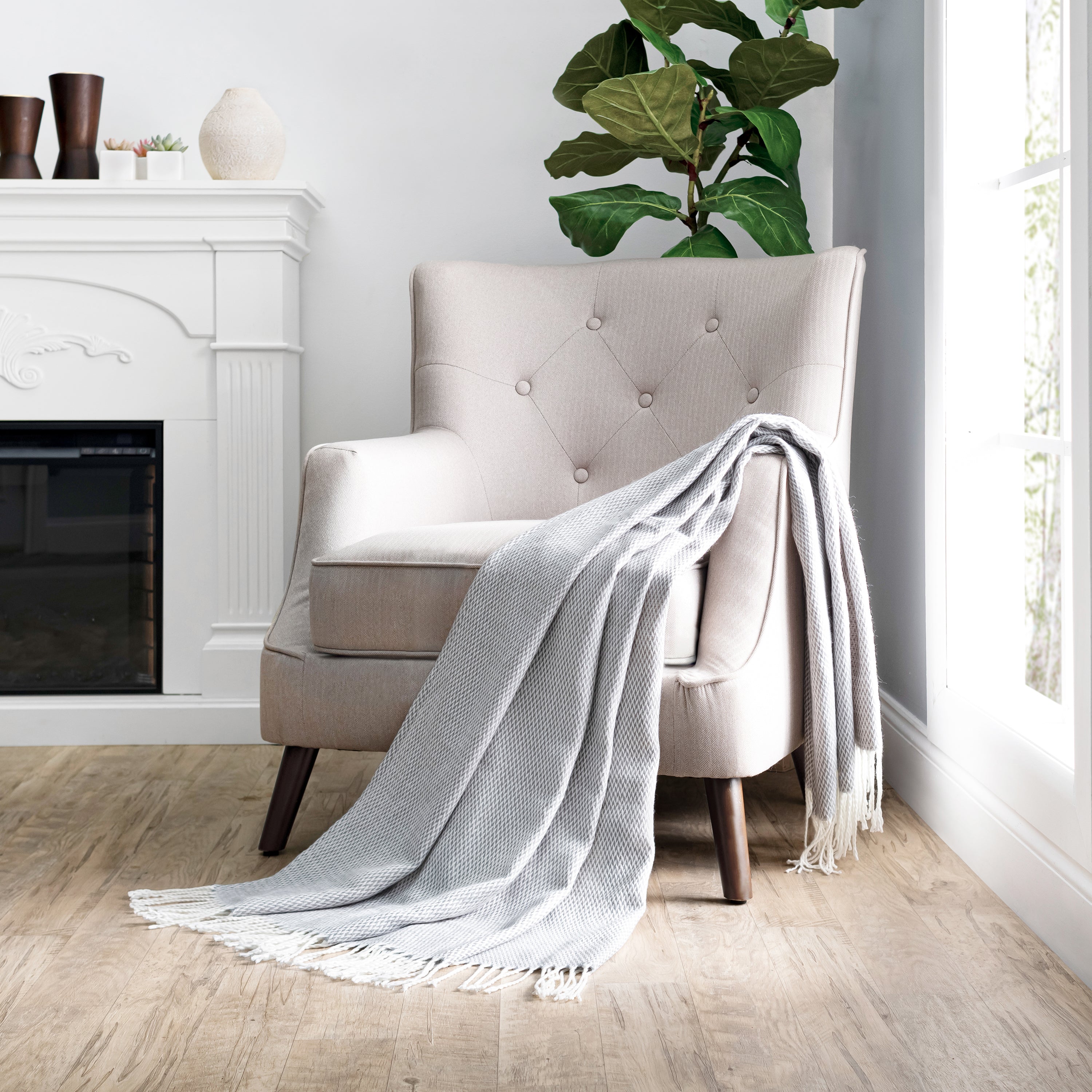 Herringbone Throw Blanket with Fringed Edges