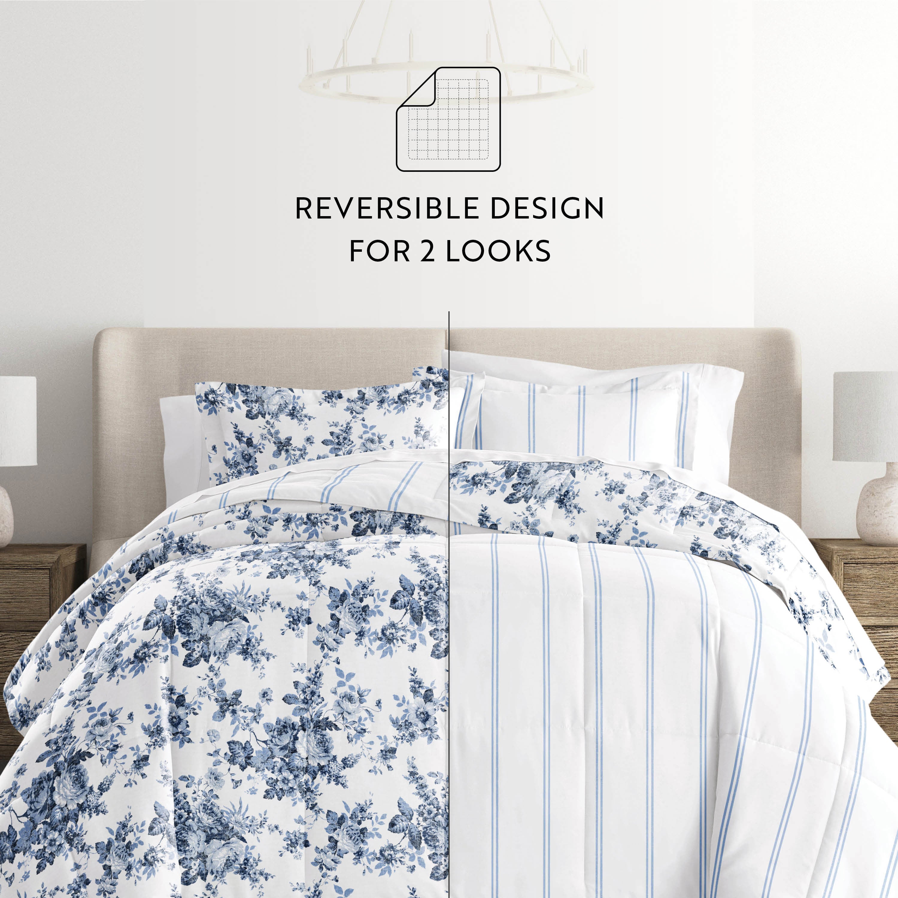 Cabbage Rose Stripe Reversible Patterned Down-Alternative Comforter Set