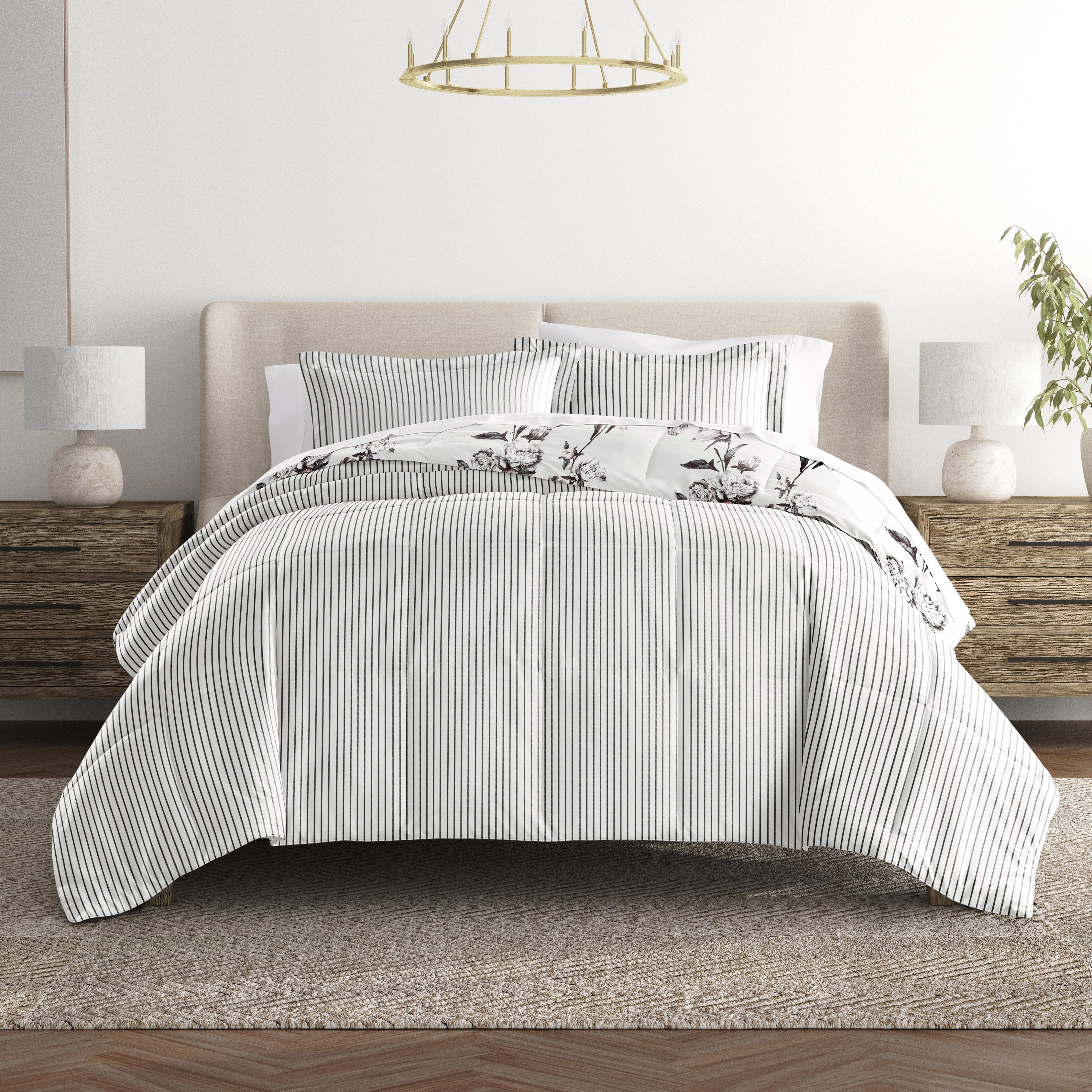 Vintage Magnolia Stripe Reversible Patterned Down-Alternative Comforter Set