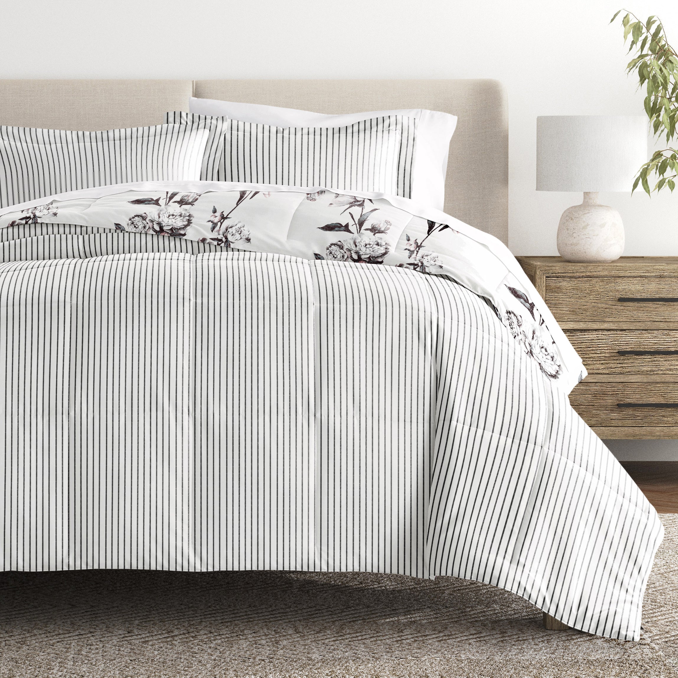 Vintage Magnolia Stripe Reversible Patterned Down-Alternative Comforter Set