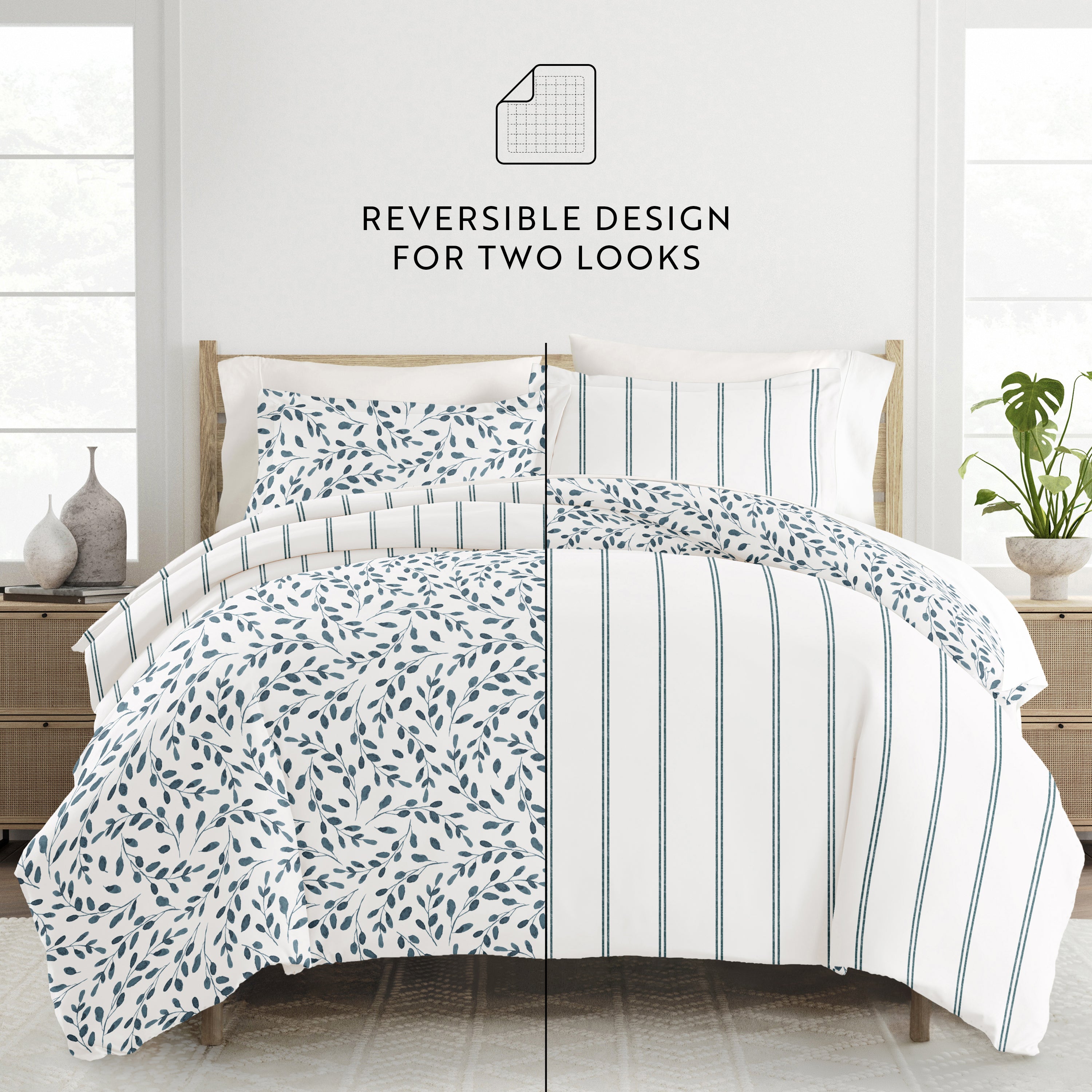 Watercolor Vines Patterned Reversible Duvet Cover Set