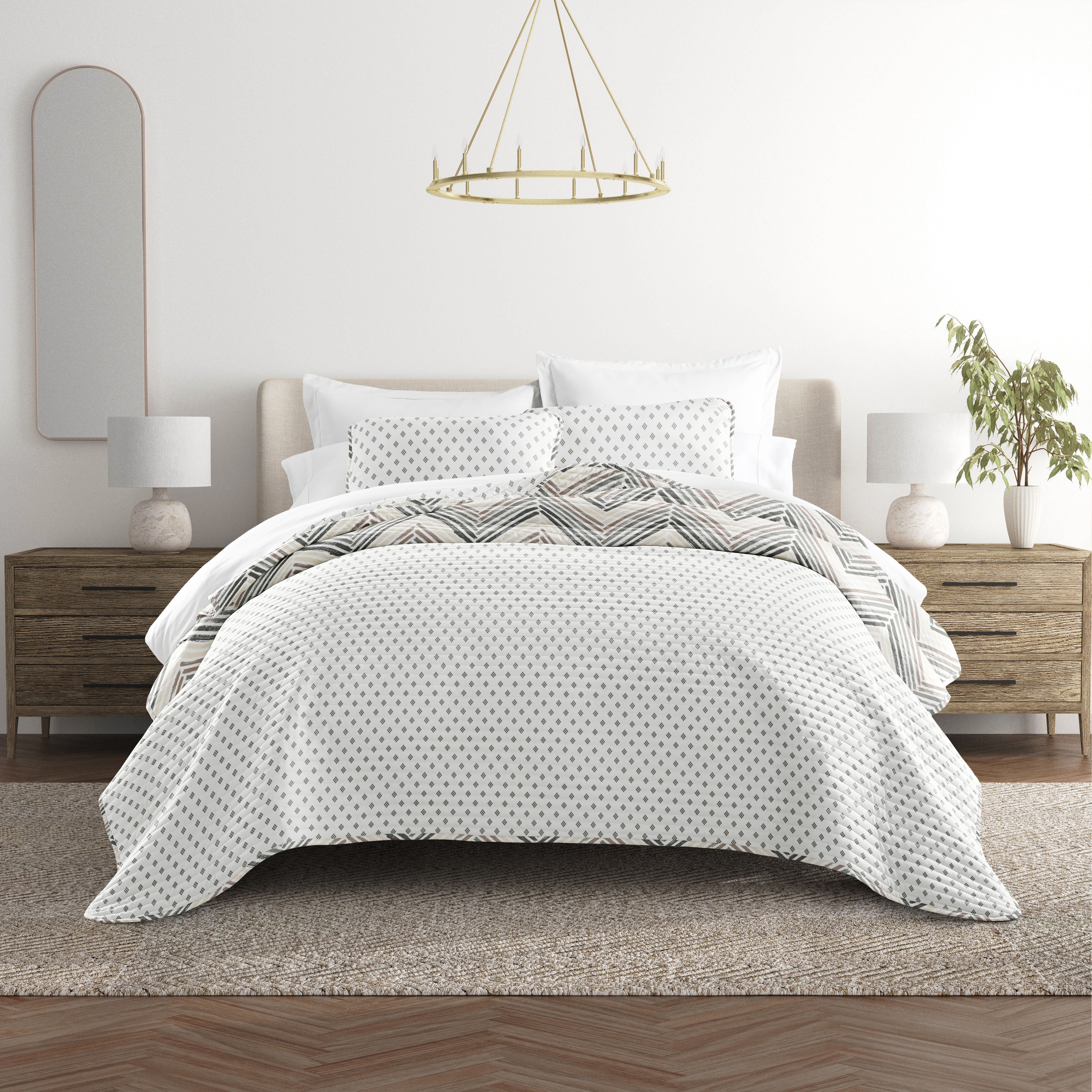 Painted Chevron Patterned Reversible Quilted Coverlet Set