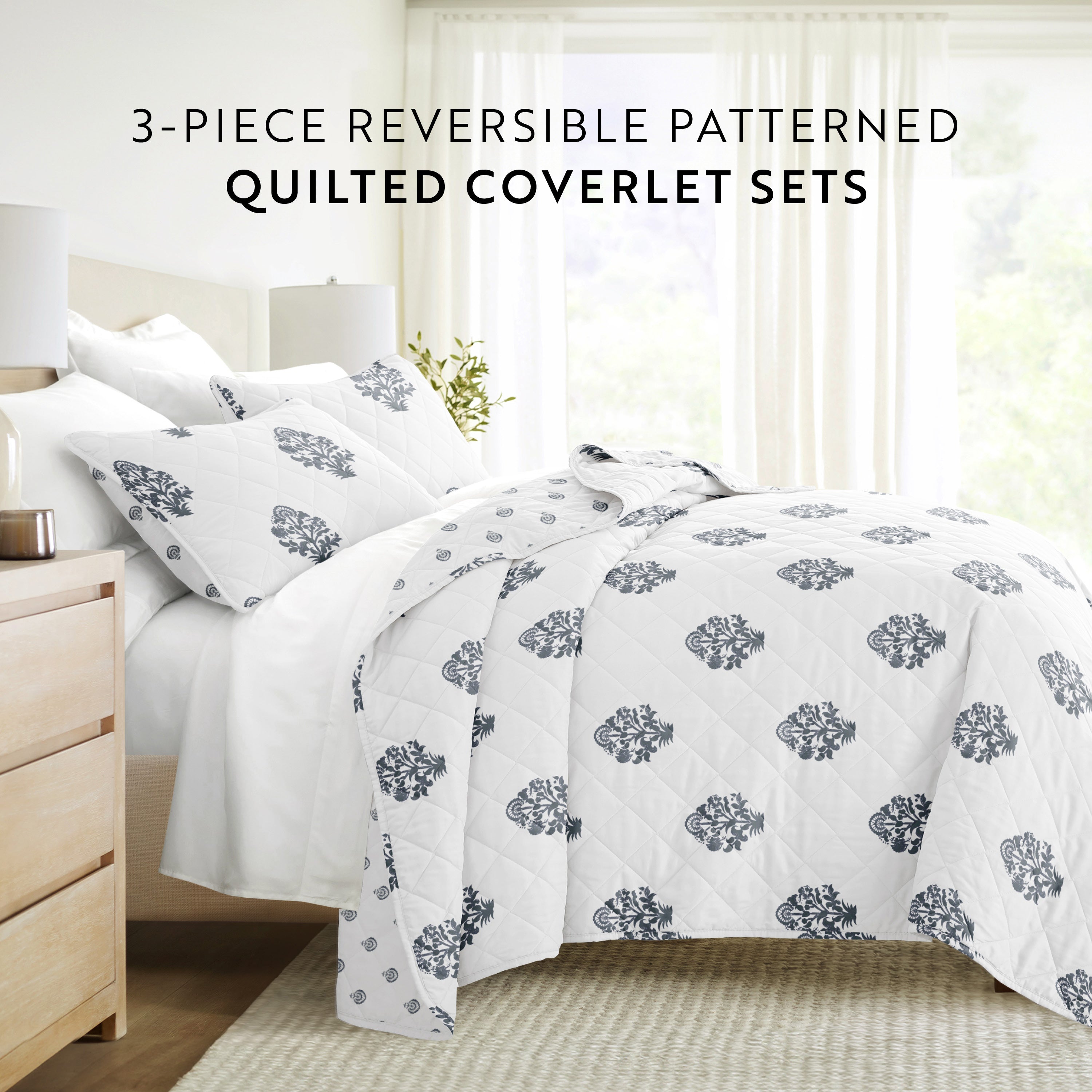 Stamped Bloom Patterned Quilted Coverlet Set