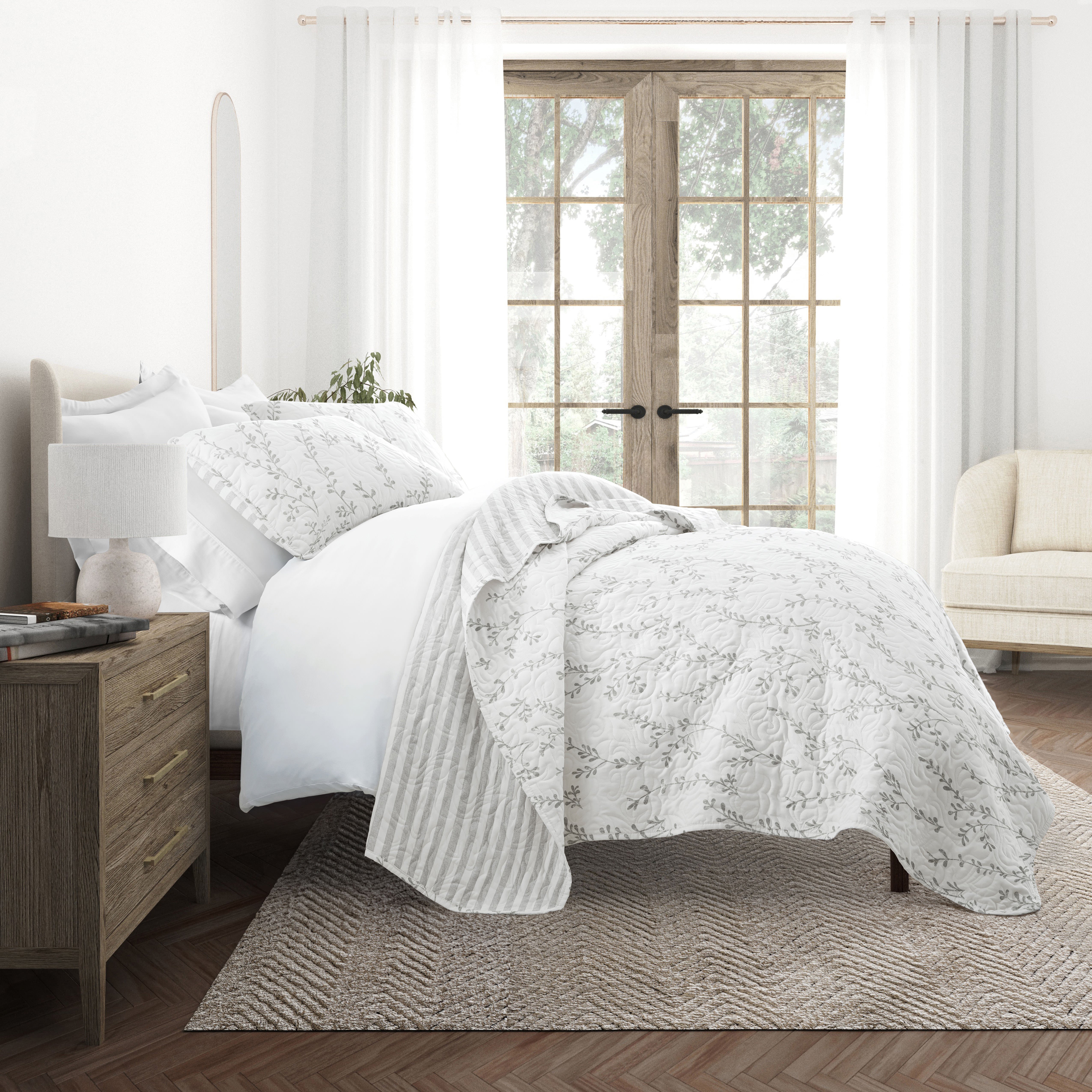Sprouted Vines Patterned Reversible Quilted Coverlet Set